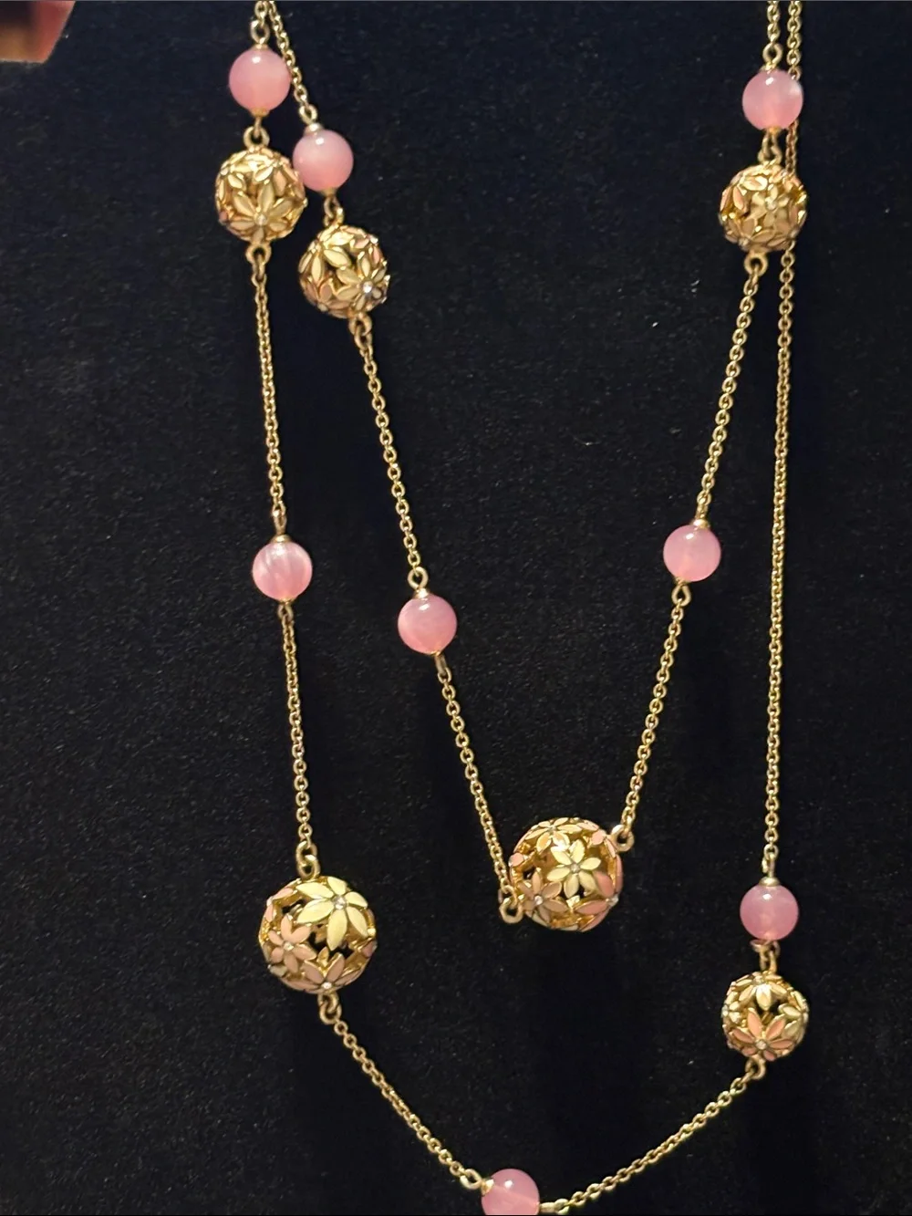 kate spade At‎ First Blush Gold Floral Enamel Necklace with Pink Bead Drops